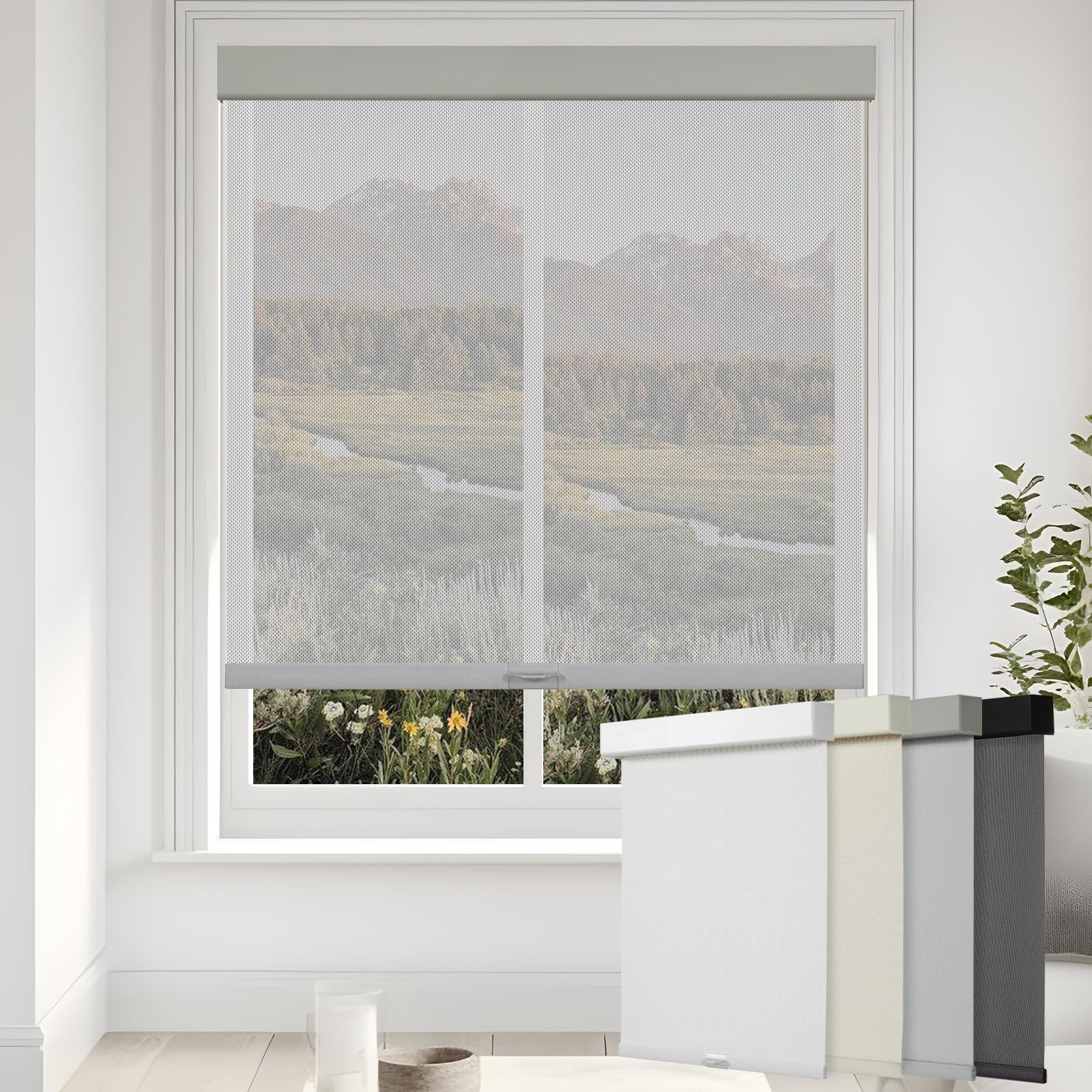 Photo 1 of Persilux Free-Stop Cordless Solar Roller Shades for Windows Blinds Light Filtering Roller Blinds (Grey, 58" W x 72" H) 5% Openness View Through Flame Retardant UV Protection Solar Blinds for Windows