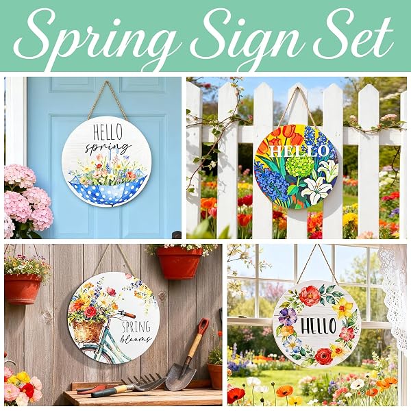 4 PCS HELLO SPRING DECORATIONS FOR HOME, COLORFUL FLOWERS WOODEN HANGING SPRING DOOR SIGN, WELCOME FLORAL LANDSCAPE WALL ART HANGER FOR FRONT DOOR DECORATION, 11.81″X11.81″ PROCH WREATH DECOR
