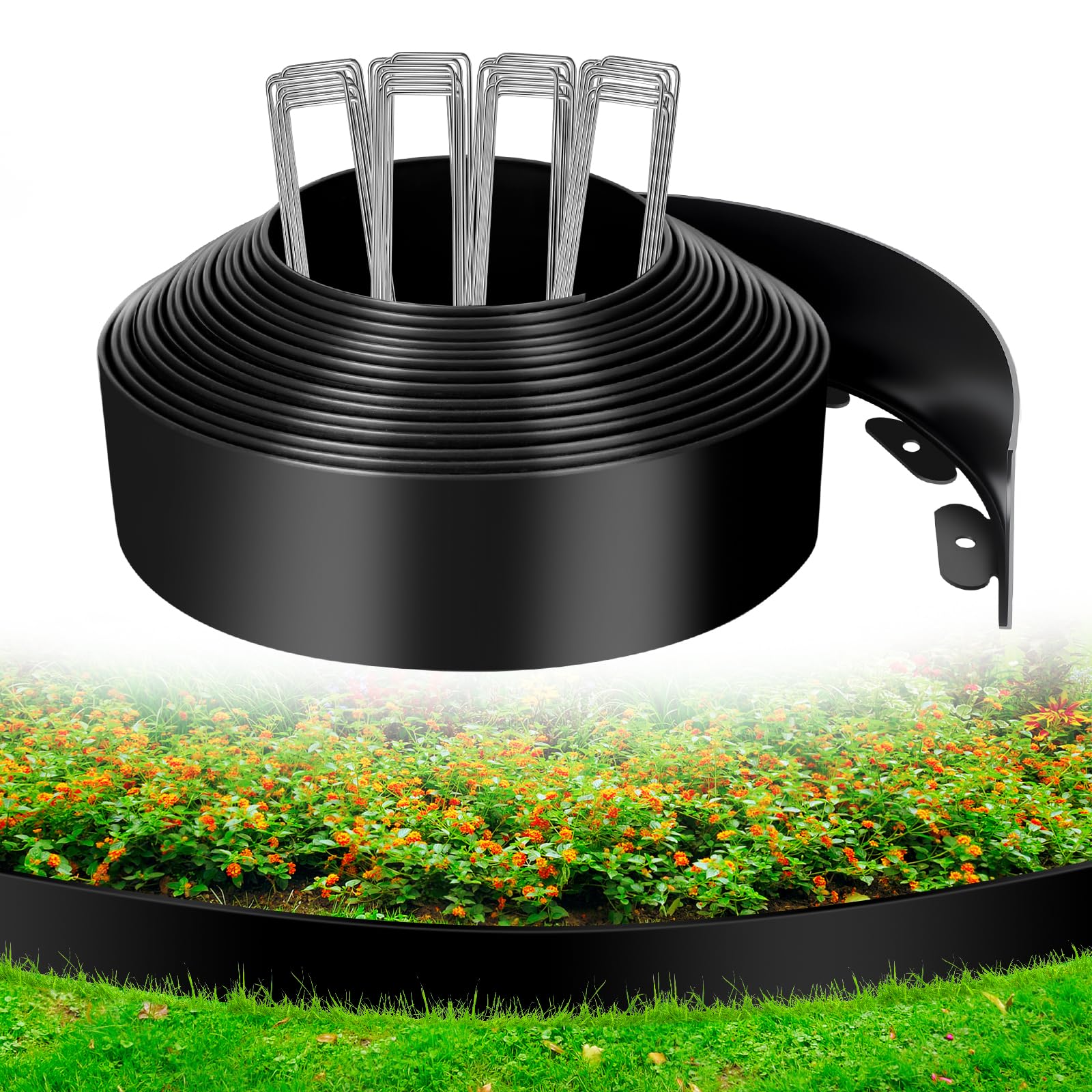 Photo 1 of Kafuzi 4IN x 33FT Landscape Edging, Garden Edging Borders with 40pcs Metal Stakes, Flexible Plastic Garden Border for Lawn, Landscaping, Flower Beds, Trees and Yard