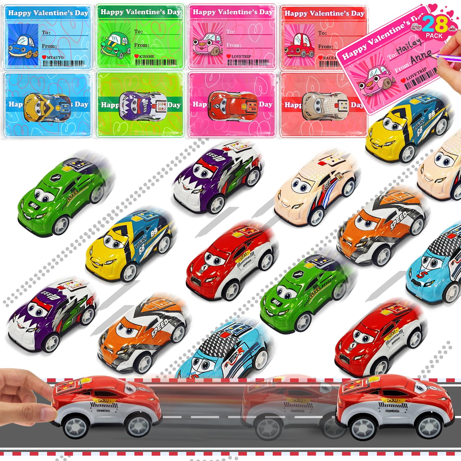 Photo 1 of 28 Pack Valentines Day Gifts for Kids Pull Back Cars Mini Vehicles Toy with Funny Valentines Day Cards for Kids School Classroom Party Favor Exchange Prizes Boys Toddlers Race Cars Girls Goodie Bag