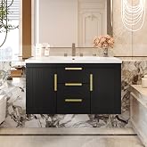 Virubi 36 Inch Floating Bathroom Vanity with Sink, Wall Mounted (Black) | Bathroom Storage Cabinet with 2 Doors &amp; 2 Drawers, Soft-Closing Hinges, Modern Design with Decorative Lines.