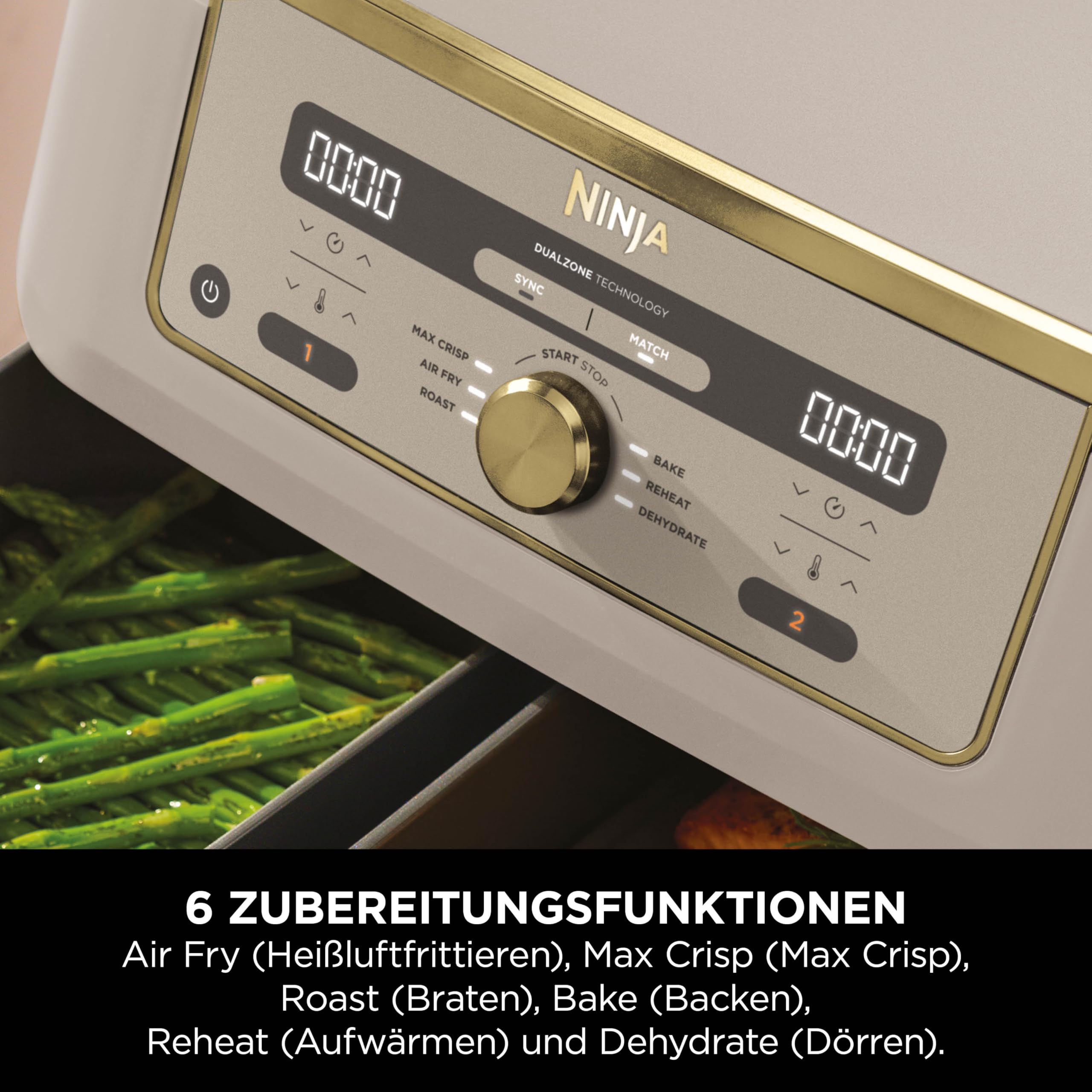 Ninja Dual Zone Digital Air Fryer, 2 Schubladen, 6-in-1, Heißluftfritteuse, 9,5L, Heißluft-Frittieren, Max Crisp, Rösten, Backen, Aufwärmen, Spülmaschinenfeste Körbe, Stone/Gold DZ400EUSTGD