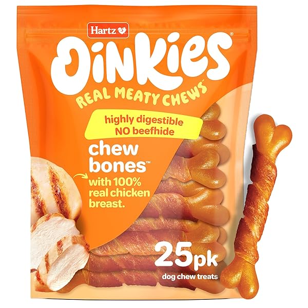 HARTZ OINKIES CHEW BONES WITH REAL CHICKEN BREAST, RAWHIDE FREE DOG TREATS, HIGHLY DIGESTIBLE DOG CHEWS, 25 COUNT