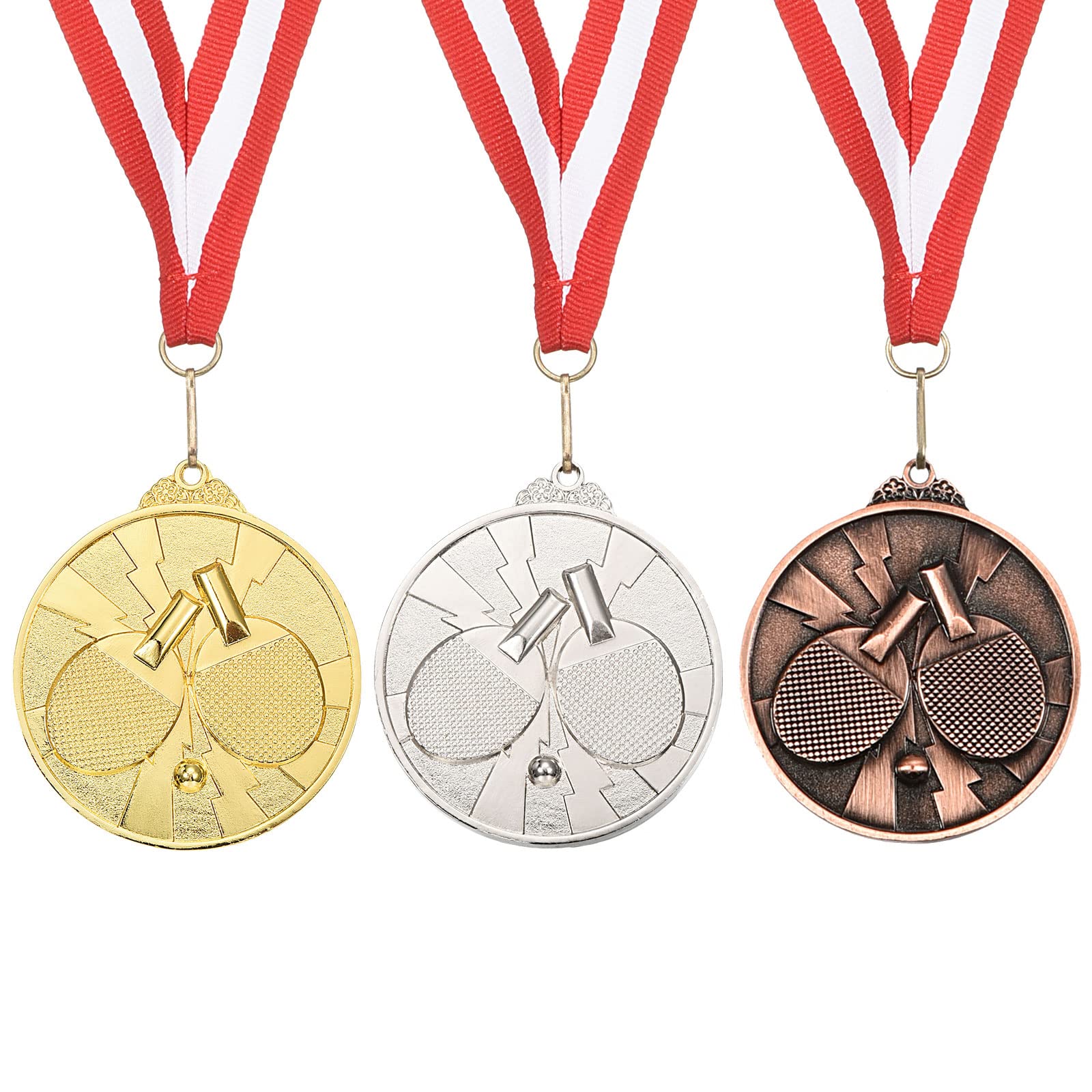 PATIKIL 2.6" Ping Pong Medals, 3 Pack Table Tennis Award Medals Set Gold Silver Bronze Medal with Ribbon Red White for Games Sports Competitions