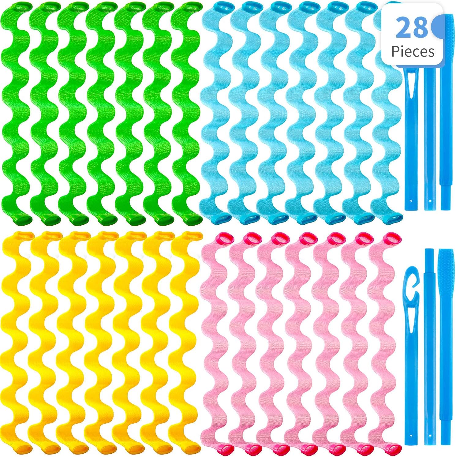 28 Pieces Heatless Wave Hair Curlers Formers Spiral Curls Hair Wave Curlers No Heat Styling Kit with 2 Pieces Styling Hooks for Most Kinds of Hairstyles(45 cm,Assorted Color)