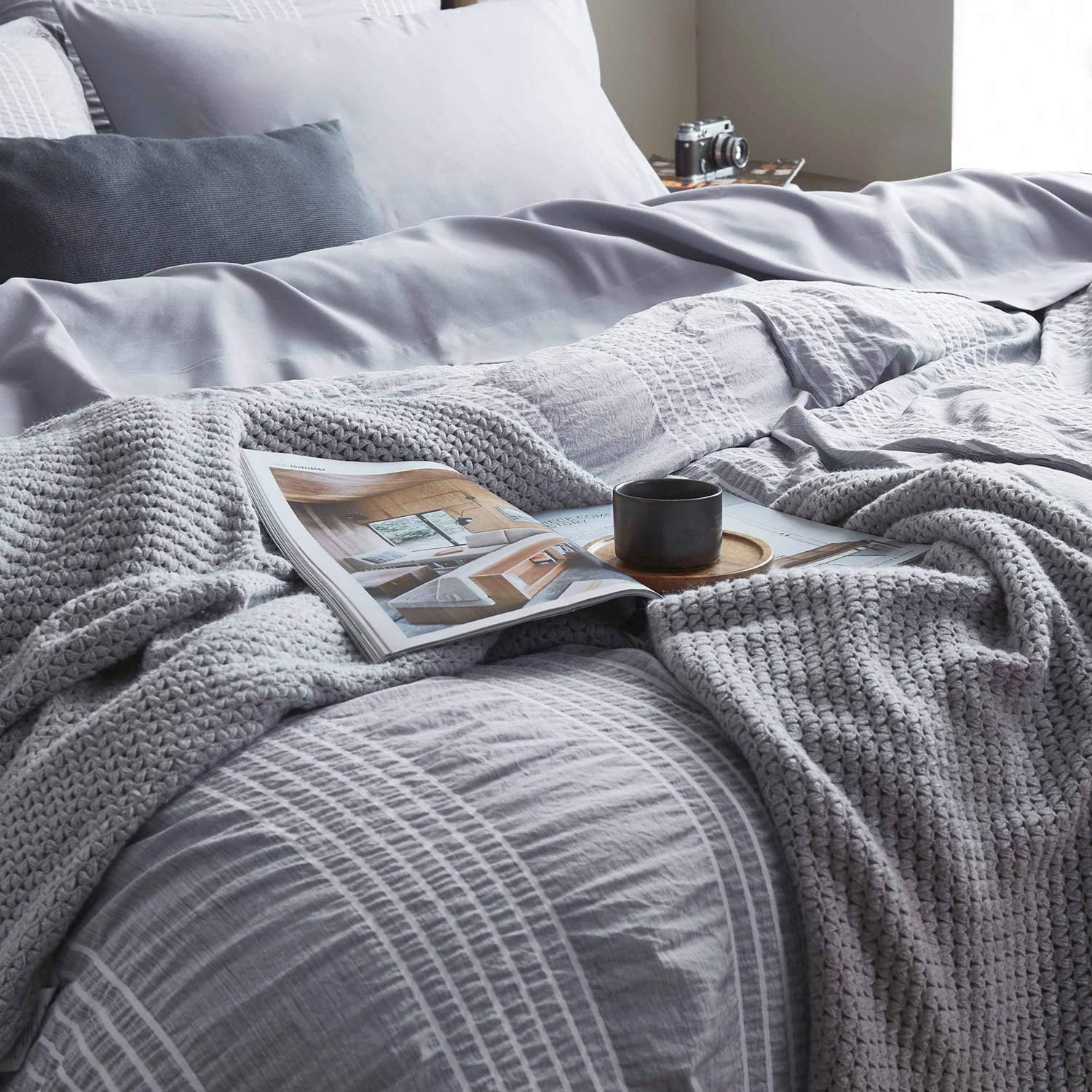 Bedsure Throw Blankets for Couch, Soft Knit Woven Blanket, 50x60 Inch - Lightweight Farmhouse Decorative Blanket with Tassels for Bed, Couch, Sofa - Suitable for Adults and Kids (Grey): Kitchen & Dining