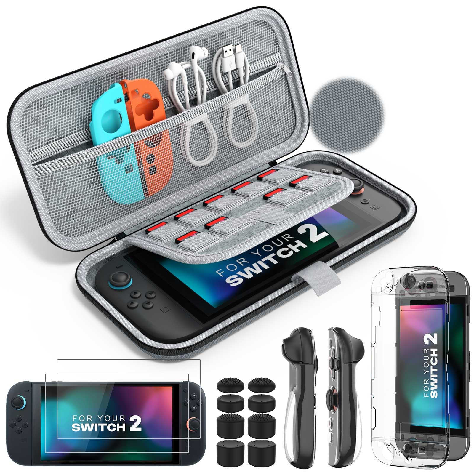 MoKo Switch 2 Accessories Bundle Kit for Nintendo Switch 2 (2025), 14 in 1 Gift Kit with Carrying Case, Protective Cover, Clear TPU Joycon Case, 2x Screen Protectors and 8x Thumb Grip Caps, Gray