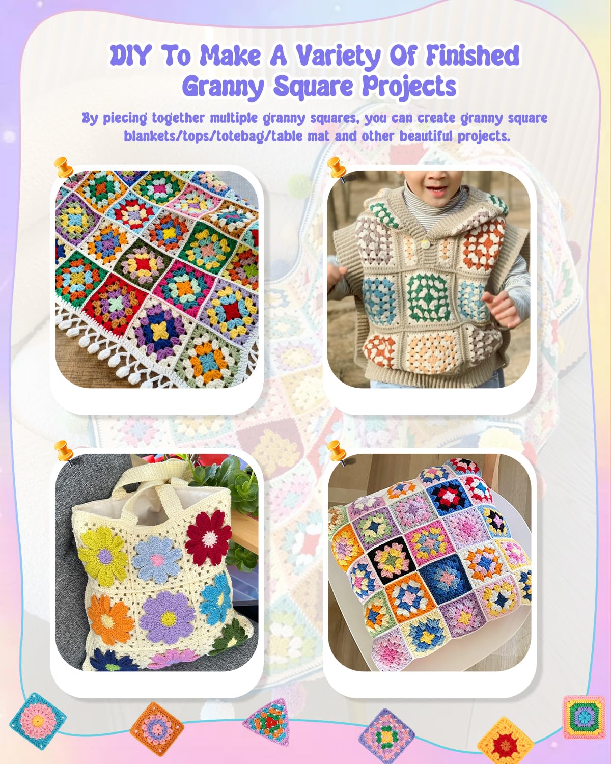 Coopay Crochet Kit Beginners for 6 Types Granny Squares, Starter Knitting Kit with Instructions & 8PCS Yarn, Crochet Start Kit for Adults Learn to Crochet Granny Square Coasters, Table Runners, ect