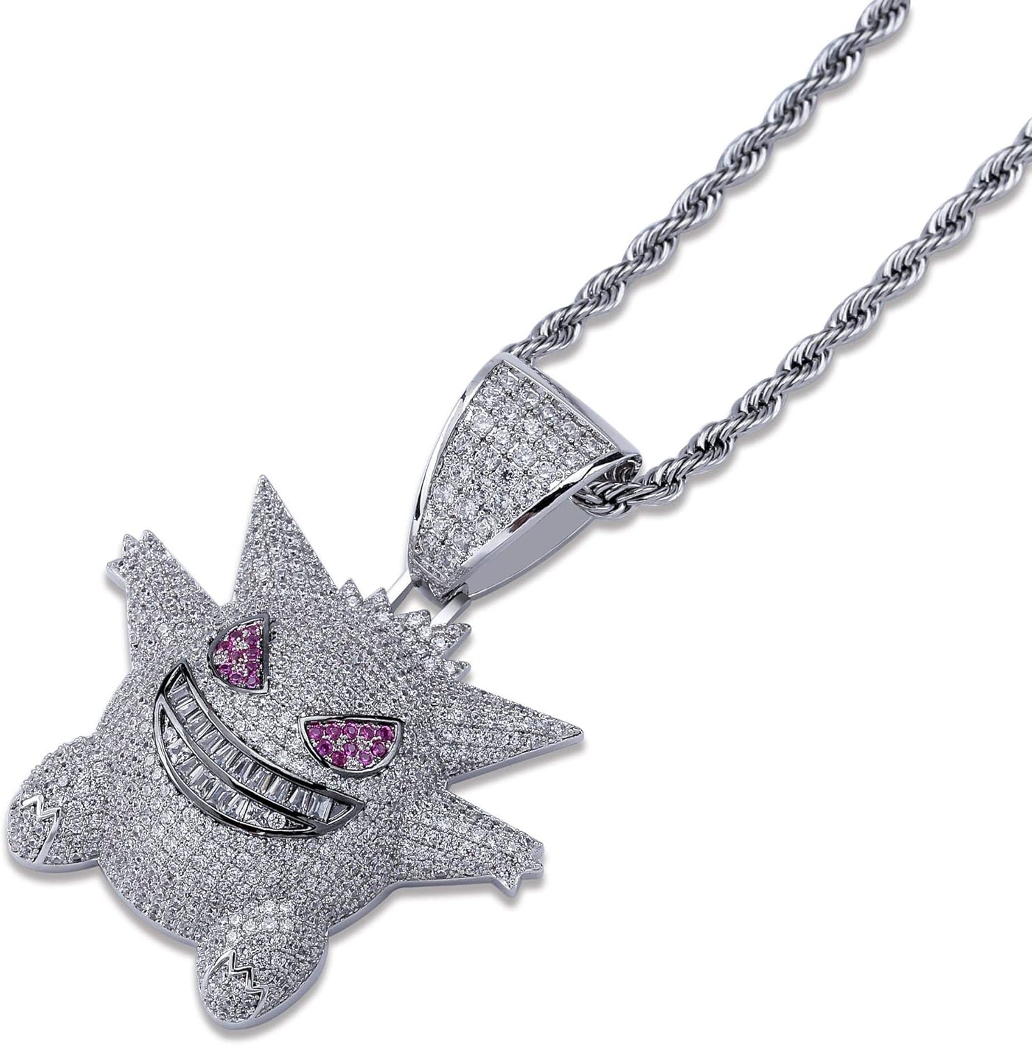 KMASAL Jewelry Unisex Exquisite Bubble Gengar Pendant Hip Hop Iced Out Rhinestone Crystal Necklace 18K Gold Plated with 24” Stainless Rope Chain for Men Women (Silver): Clothing