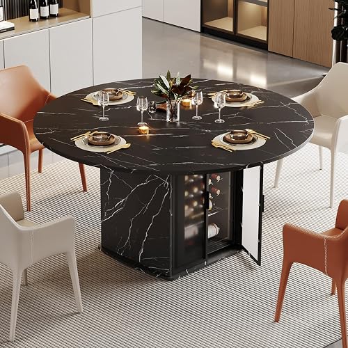 IBF Round Dining Table with Storage, Black Faux Marble Kitchen Tables ...