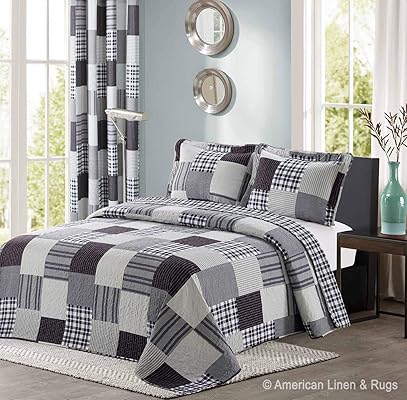 All American Collection Black and Grey Modern Plaid Bedspread Set