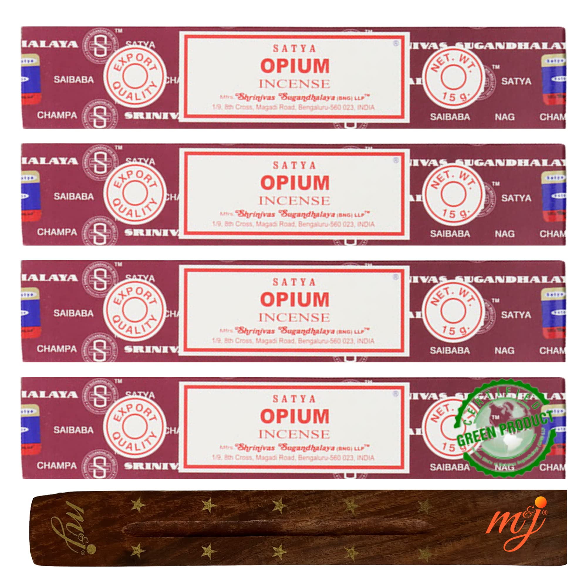 Original Satya Nag Champa Opium Incense Sticks | with M&J incense sticks holder | x4 pack | for Aromatherapy, Spa, Yoga, Weddings, Meditation, Healing, Positivity and Relaxation — image 1