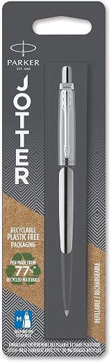 Parker Jotter Ballpoint Pen Stainless Steel Chrome Trim Medium Blue Ink