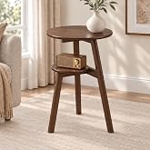 Small Round Side Table, 16.5" 2-Tier Solid Wood End Table, Walnut | Solid Rubberwood, Splash-Resistant Surface, Open Shelf, Round Accent Table for Living Room, Bedroom &amp; Reading Nook