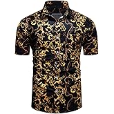 fohemr Mens Black Gold Dress Shirts Luxury Short Sleeve Chain Print Shirt Baroque Casual Button Down Design Buchona Shirts