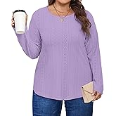 KARALIN Women Long Sleeve Shirts, Casual Tunic Tops Crew Neck for Curvy Women Light Purple 4XL