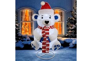 Glintoper Lighted Christmas Decorations, Pre-Lit Pop Up Plush White Bear with Built-in Lights, Collapsible and Easy-Assembly, Light Up Polar Bear for Indoor Outdoor Holiday Xmas New Year Winter Decor