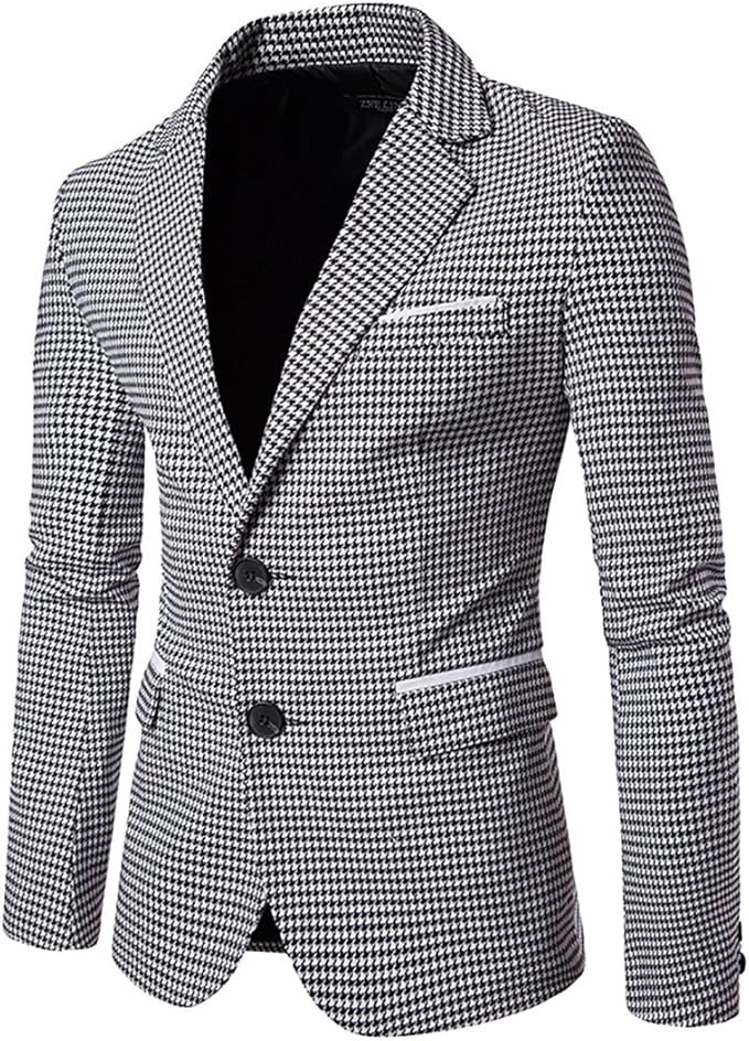 Mens Houndstooth Smart Casual Blazer Single Breasted Checked Jacket