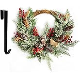 Artificial Christmas Door Wreath, Christmas Wreaths for Front Door, Window Wreaths with Pine Cone, Red Berries, Burlap Ribbon & Snowflake, Holiday Indoor/Outdoor Wreath Decorations, 23 inch