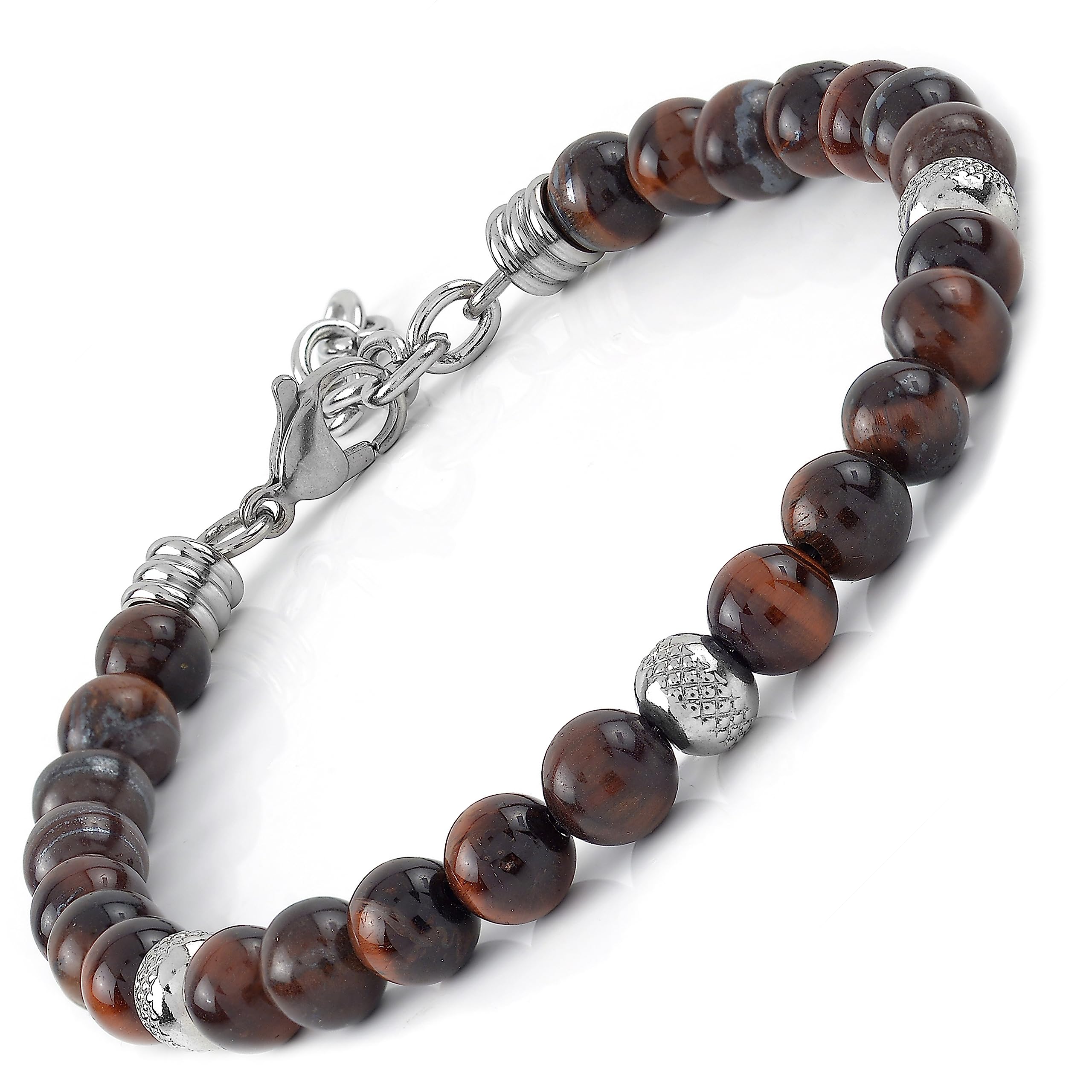 10:10 Jewels Men's and Women's Bracelet with 0,25 inch Natural Red tiger eye Stones, Male or Female Bracelet with Diamond Beads in Stainless Steel and Very Resistant, Made in Italy