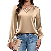 Blooming Jelly Womens Silk Business Dressy Casual Blouses Lace V Neck Long Sleeve Fall Tops Work Pleated Trendy Outfits