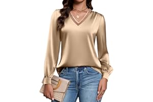 Blooming Jelly Womens Silk Business Dressy Casual Blouses Lace V Neck Long Sleeve Fall Tops Work Pleated Trendy Outfits