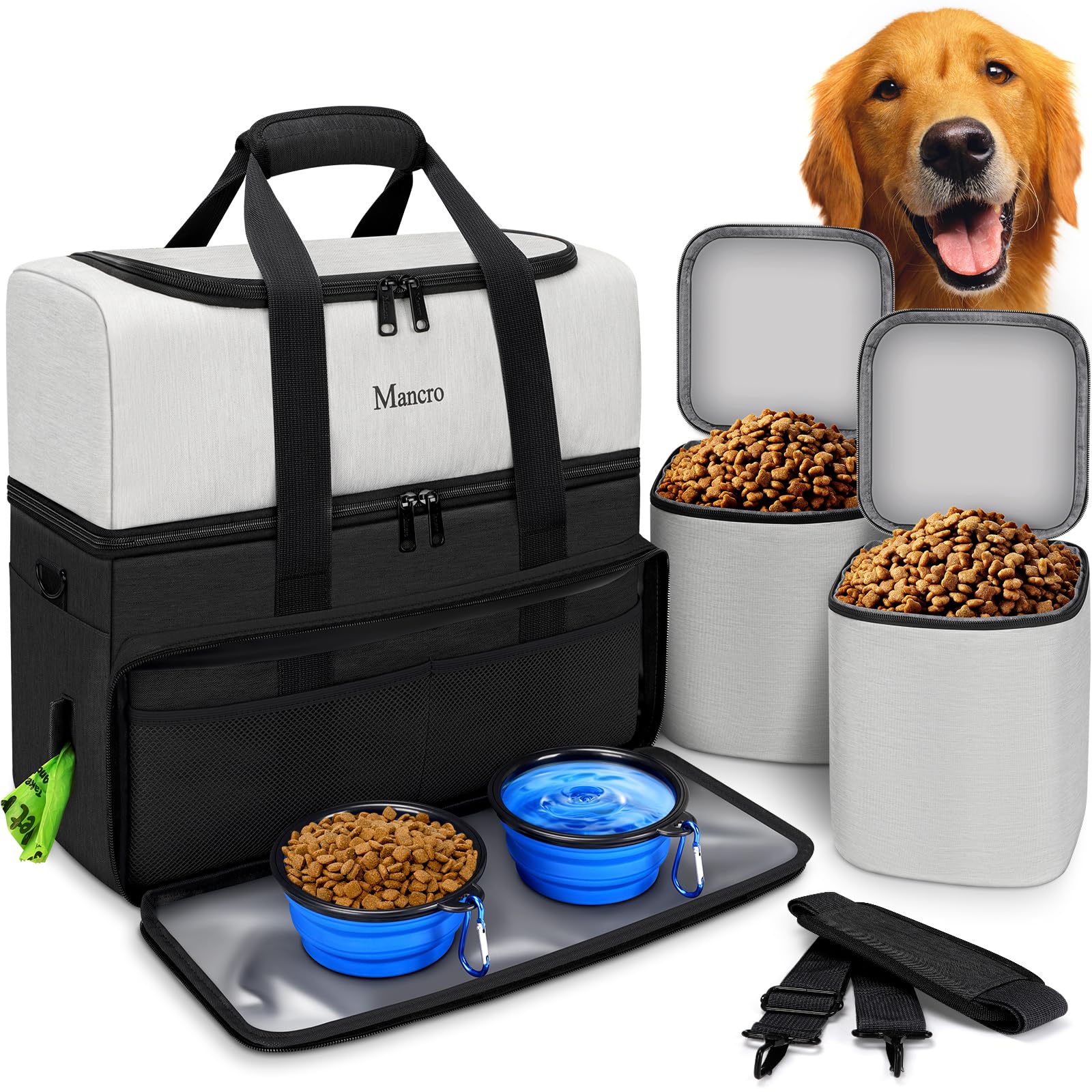 Photo 1 of Mancro Dual Layers Dog Travel Bag, Pet Travel Bag with 2 Extra Large Food Containers, 2 Collapsible Dog Bowls, Multi-Pockets Tote Organizer for Pet Essentials for Dogs, Black