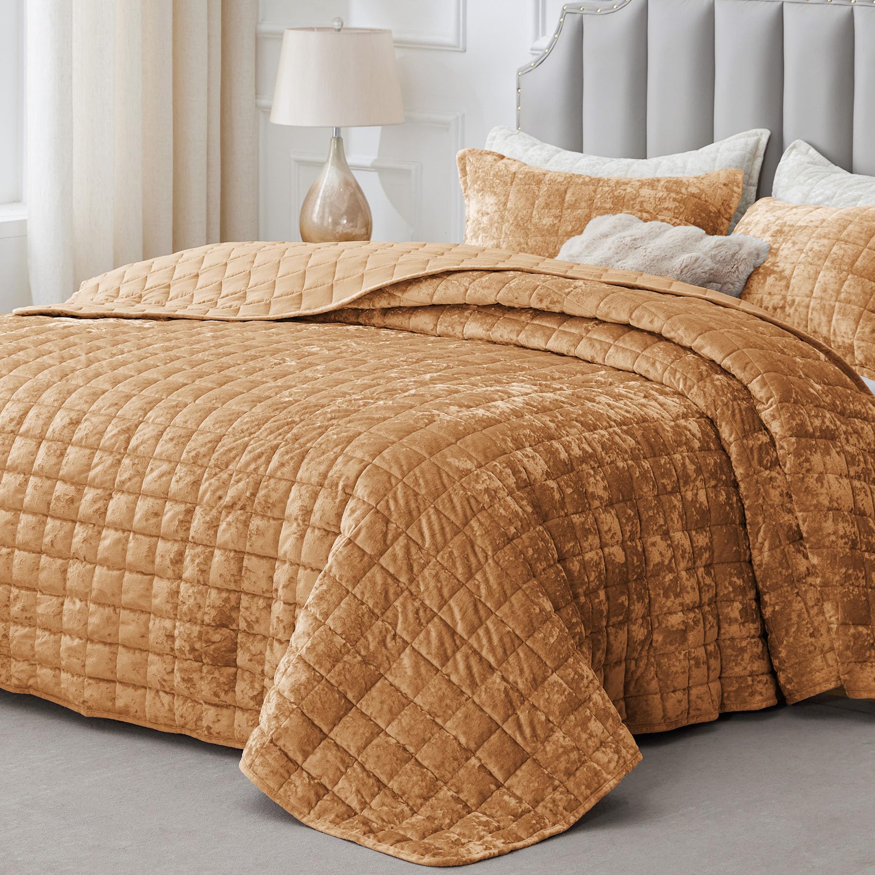 Photo 1 of BEDELITE Velvet Quilt Set King Size - Luxury Velvet Comforter Bedding Set 3 Pieces, Soft Cozy Rusty Burnt Orange Oversized Bedspread Coverlet for All Seasons with 2 Pillow Shams