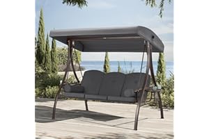 HOMREST 3 Person Outdoor Porch Swing with 1.5" Upgraded Cup Holder, Adjustable Canopy, Backrest, Patio Swing Bed with Weather Resistant Steel Frame, Cushions for Garden,Deck and Poolside(Grey)