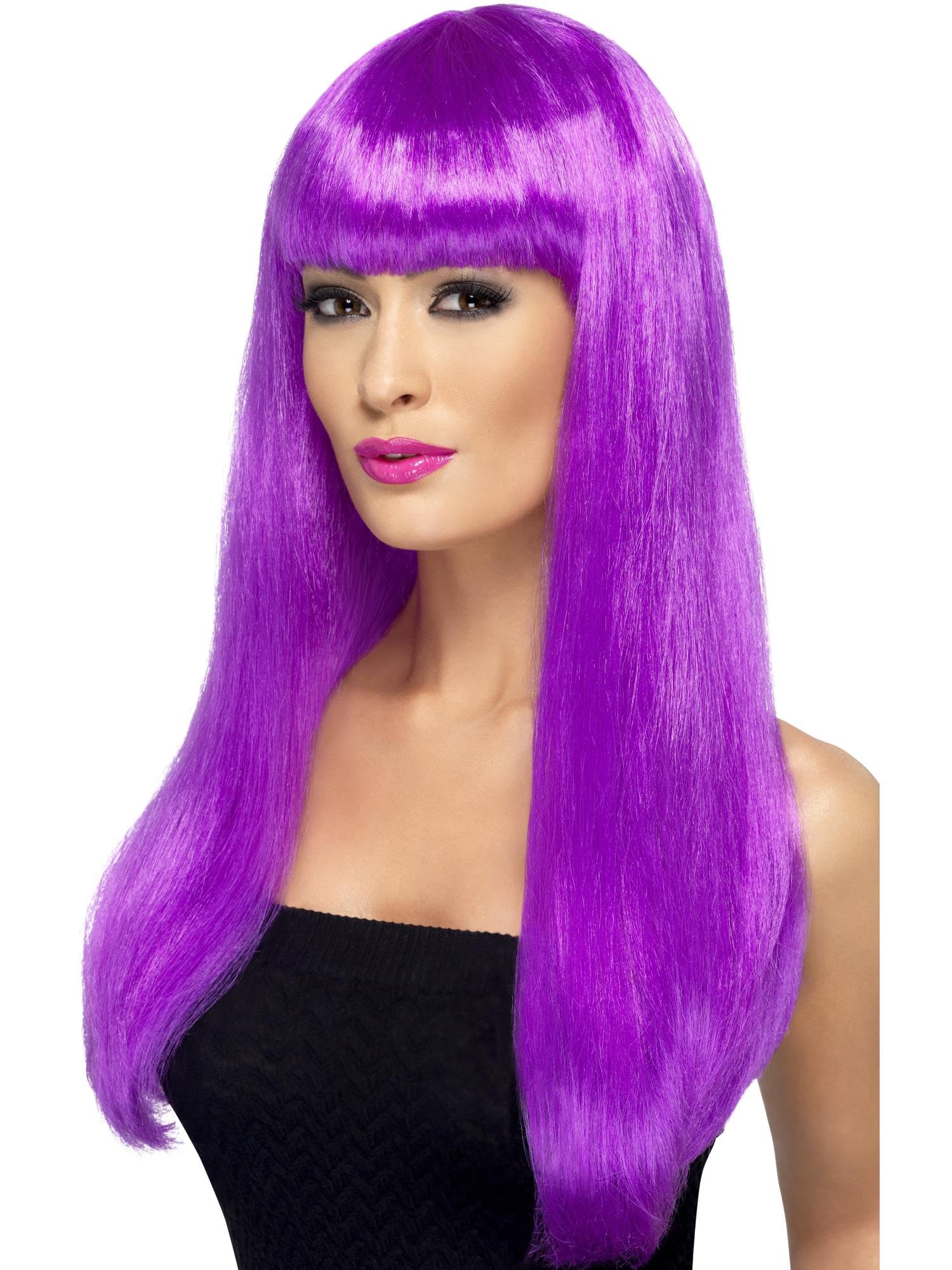 Smiffys Babelicious Wig, Purple Long, Straight with Fringe, Ladies Glamour Wigs Fancy Dress, Adult Dress Up Wigs