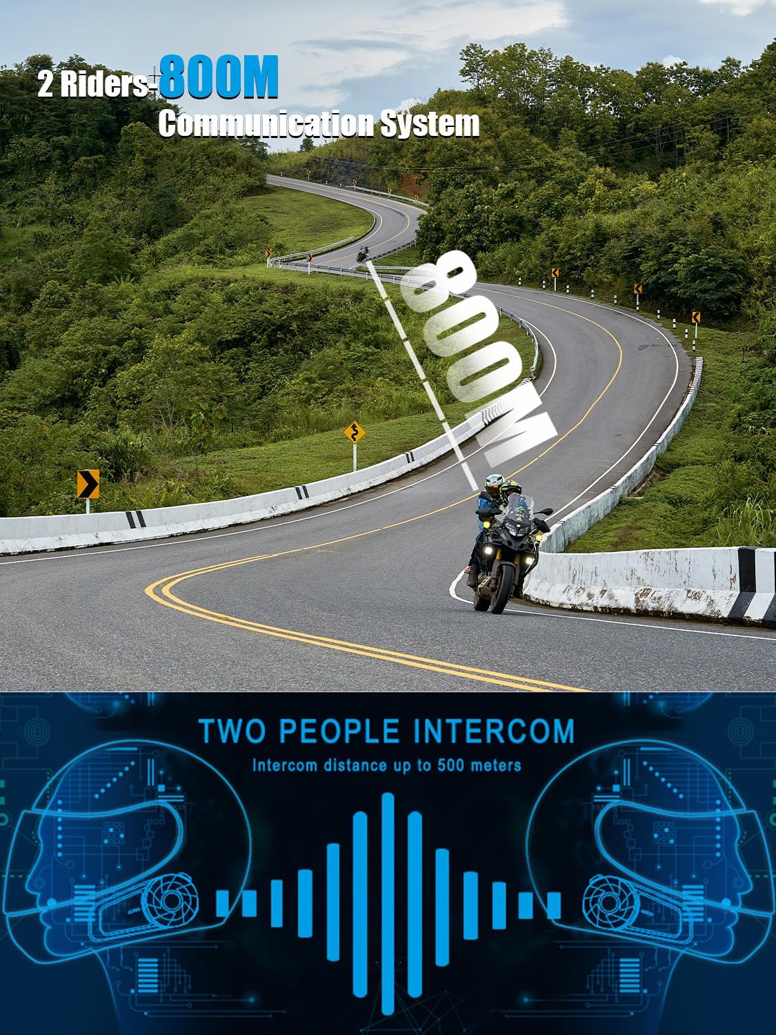 MAXTO Motorcycle Bluetooth Headset, MX1 2-Riders 800M universal Intercom Communication Systems, HiFi Stereo Sound/IPX6 Waterproof/Call Music Control, Motorcycle Helmet Speaker-Intercom-Headset(2 pack)