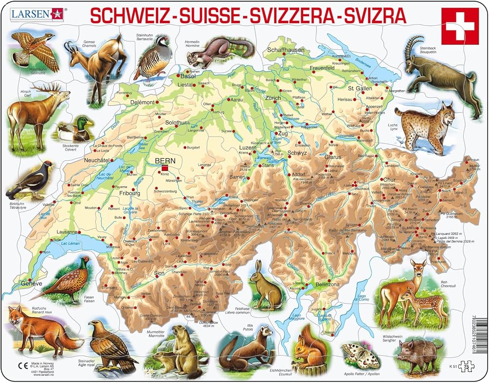 Larsen K51 Switzerland Physical Map Jigsaw Puzzle 75 Pcs Animals Multilingual