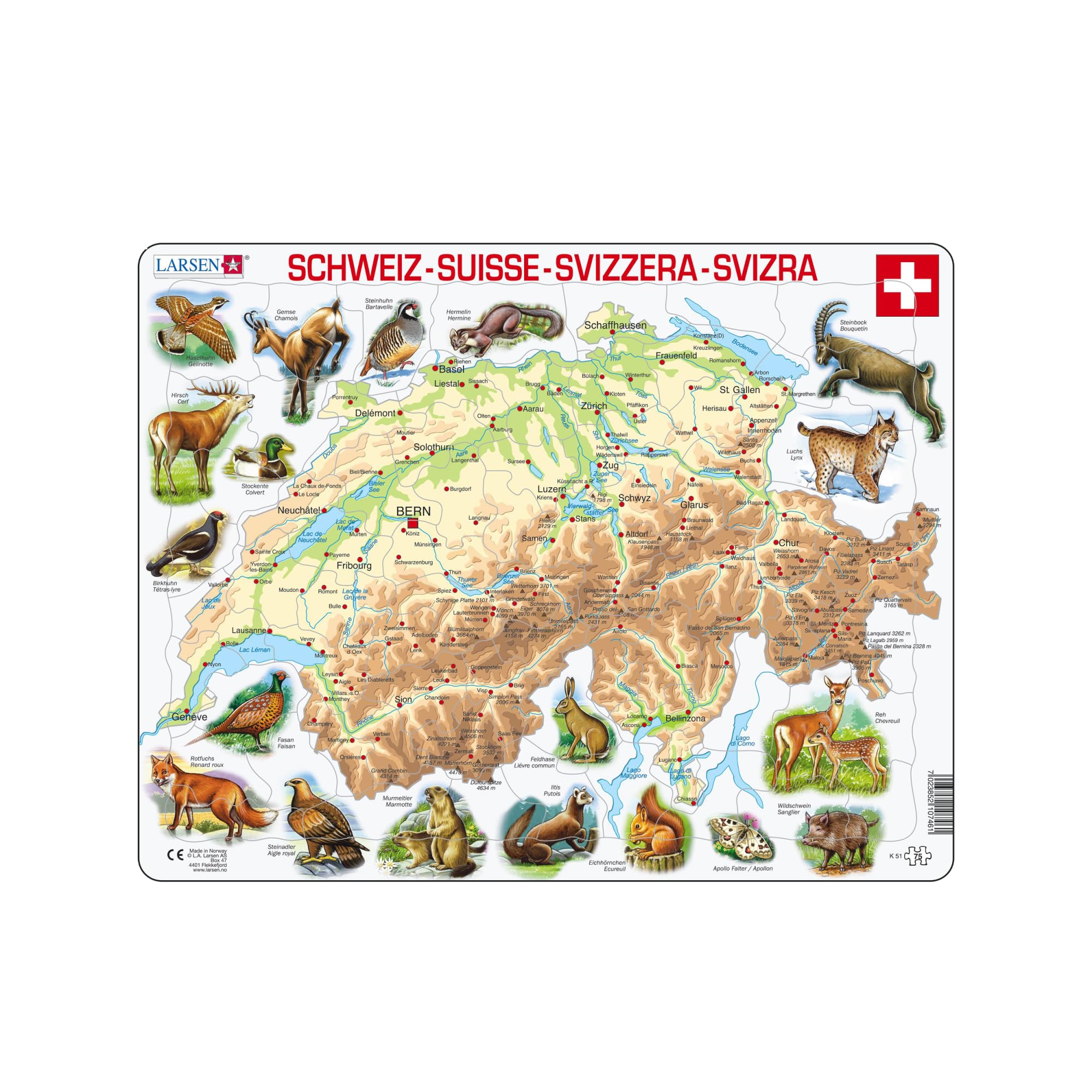 Larsen K51 Switzerland Physical Map with Animals Jigsaw Puzzle | 75 Pieces | Multilingual (German/French) Edition | Fun & Educational