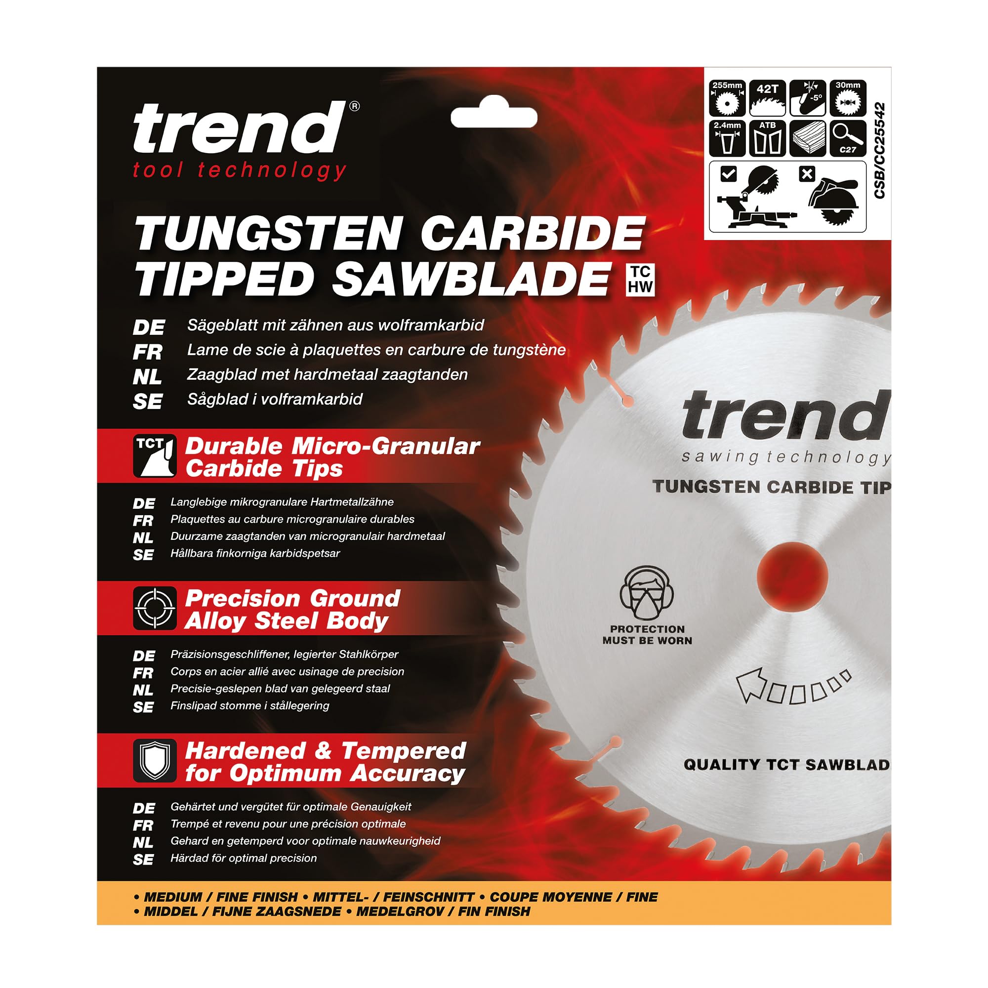 Trend Wood Mitre Saw Blade, 255mm Diameter, 30mm Bore, 42 Teeth, 2.4mm Kerf, -5° Hook, TCT, Fine Finish, CSB/CC25542