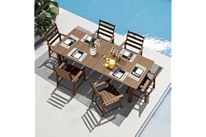 LOUNZY 7 Pieces Patio Dining Sets, 75.2'' Table Outdoor HDPE Furniture Set for 6 w/ 2" Hole Cut-Out Dining Table with 6 Patio Chairs for Pool, Lawn and Garden,Brown