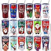 Skylety 18 Sets 20oz Christmas Tumblers with Lids and Straws Christmas Stainless Steel Tumbler Double Wall Insulated Travel Coffee Mug for Xmas Gift Holiday Family Friend Drinks (Full Collection)