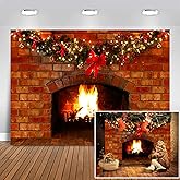 Mocsicka Christmas Fireplace Photography Backdrop Red Brick Fireplace Background for Xmas Eve Home Decor Xmas Family Party Selfie Photo Props (7x5ft)