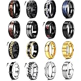 MEDOJO 16Pcs Stainless Steel Band Rings for Men Women Stress Anxiety Relief Fidget Rings Black Cool Chain Spinner Rings Set for Wedding Promise Mens Rings Pack