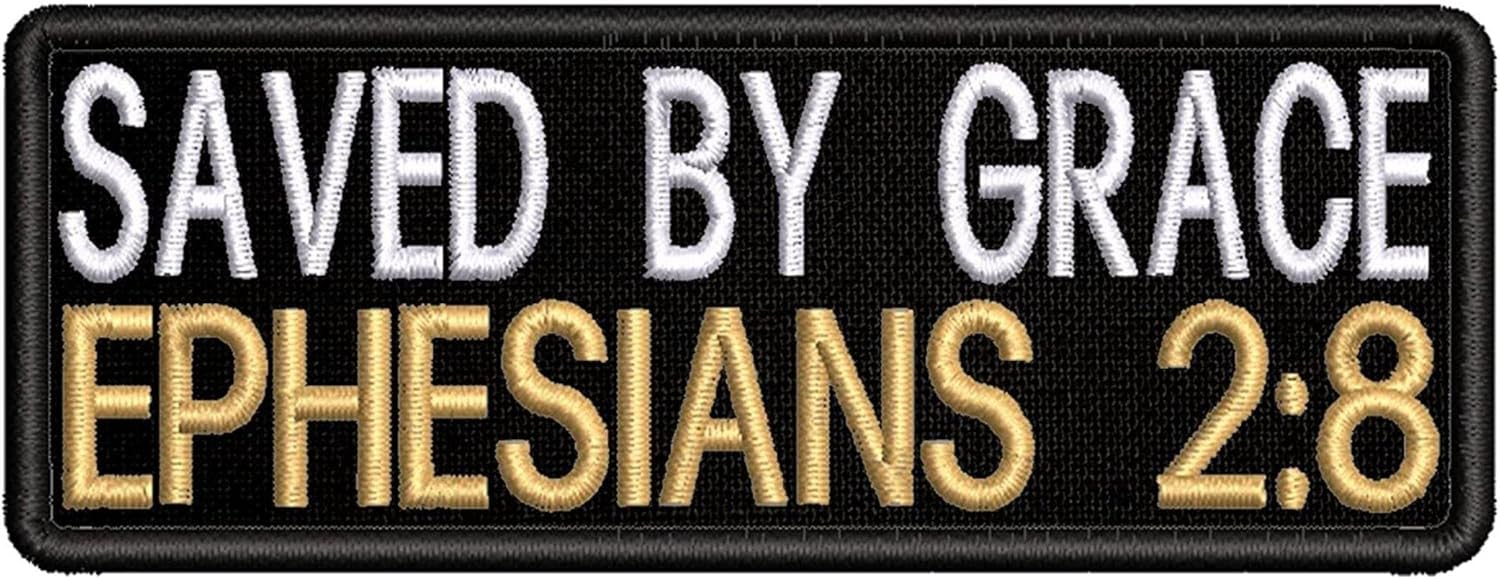 Mixed Media - Ephesians 2:8 Patch Embroidered Iron-on/Sew-on Applique, Religious Eternal Life Bible Verse, Saved by Grace, Christian Biker, Decorative Embroidery Clothing Vest Jackets Jeans, Premium Stitching