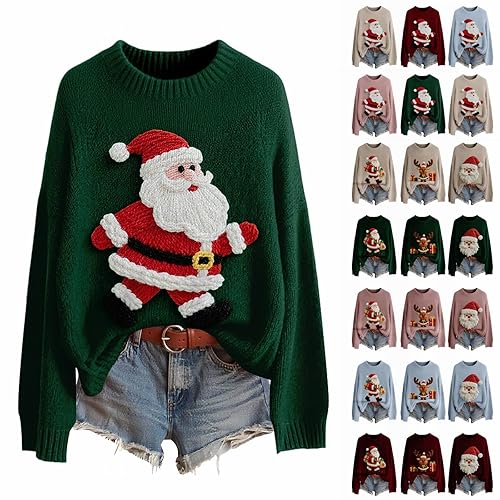 Christmas Jumpers for Women Fashion 3D Print Womens Knitted Jumpers Long Sleeves Ladies Xmas Sweaters Winter Warm Fleece Pullover Sweaters Soft Comfortable Crew Neck Jumper Oversized Sweatshirts