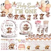 Hombae Highland Cow 1st Birthday Party tableware set for Girls, 192 PCs – Holy Cow Themed Party Supplies with Plates, Napkins, Banner, Cake Topper for One Year Old Girl, Serves 24 Guests
