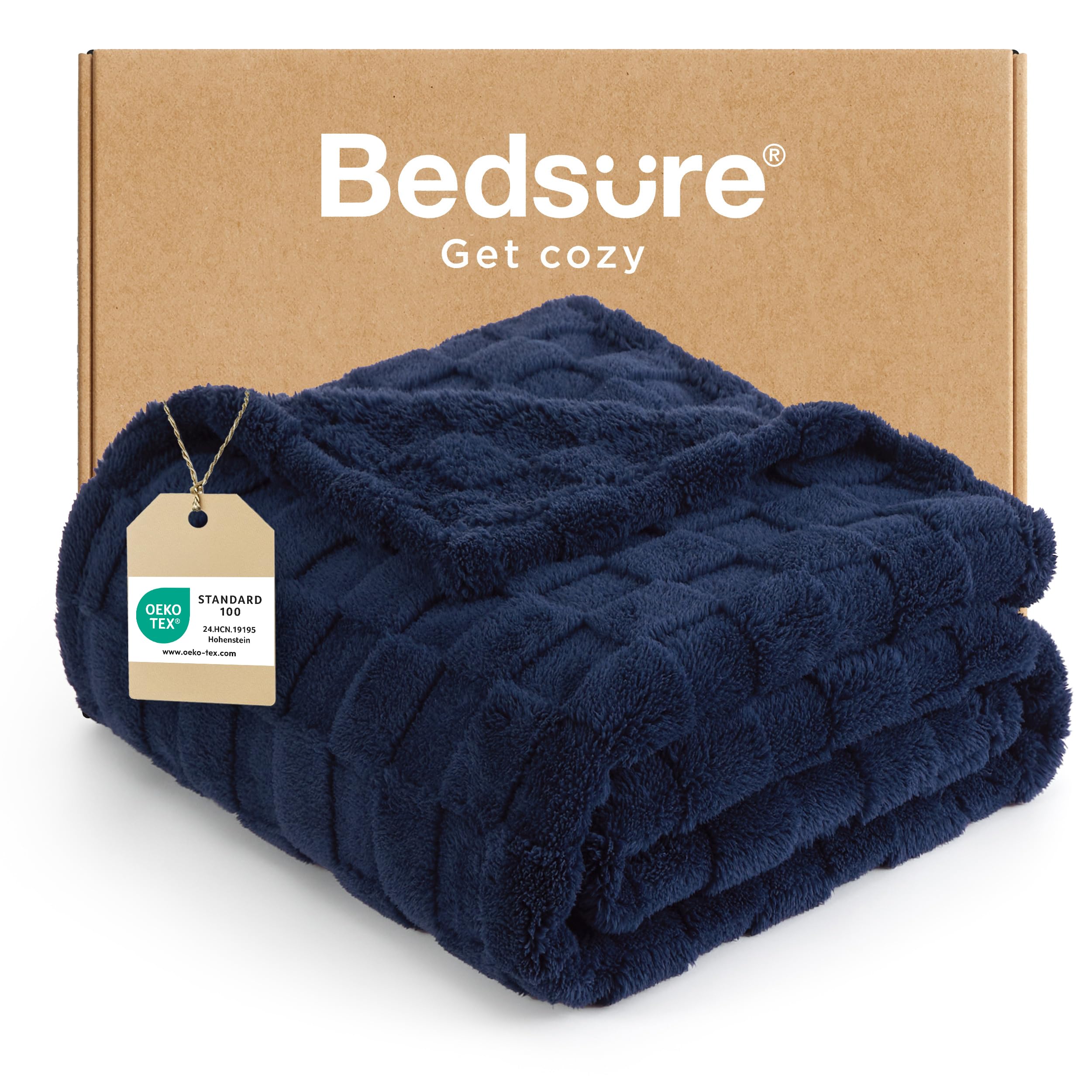 Bedsure Fleece Throw Blanket for Bed - Soft Cosy Checkered Blankets for Sofa, Fluffy Warm Double Throw for Women and Girls, Navy Blue, 150x200 cm — image 1