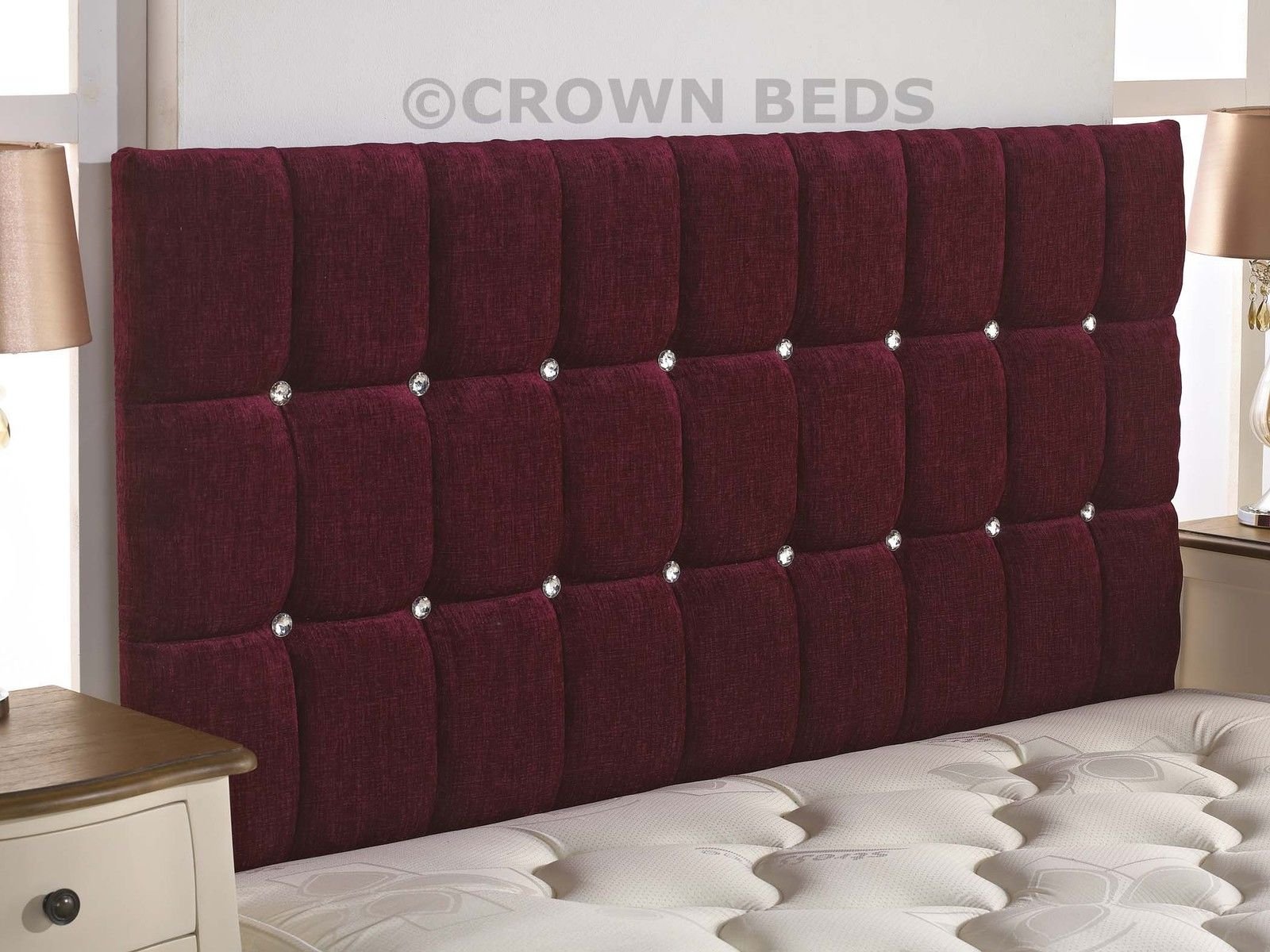 CROWNBEDSUK Omega diamante chenille headboard in 2ft6,3tf,4ft,4ft6,5ft,6ft (2FT6 SMALL SINGLE, Maroon)