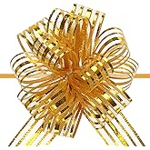 MECCANIXITY 5pcs 4 Inch Organza Large Pull Bow Metallic Gift Wrapping Bows Ribbon Chiffon Yarn Gold for Wedding Baskets Presents Christmas Valentine's Day