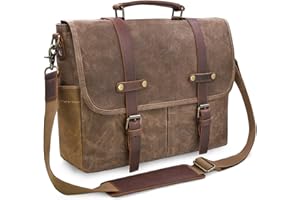 NEWHEY Mens Messenger Bag 15.6 Inch Waterproof Vintage Genuine Leather Waxed Canvas Briefcase Large Leather Computer Laptop Bag Rugged Satchel Shoulder Bag, Brown
