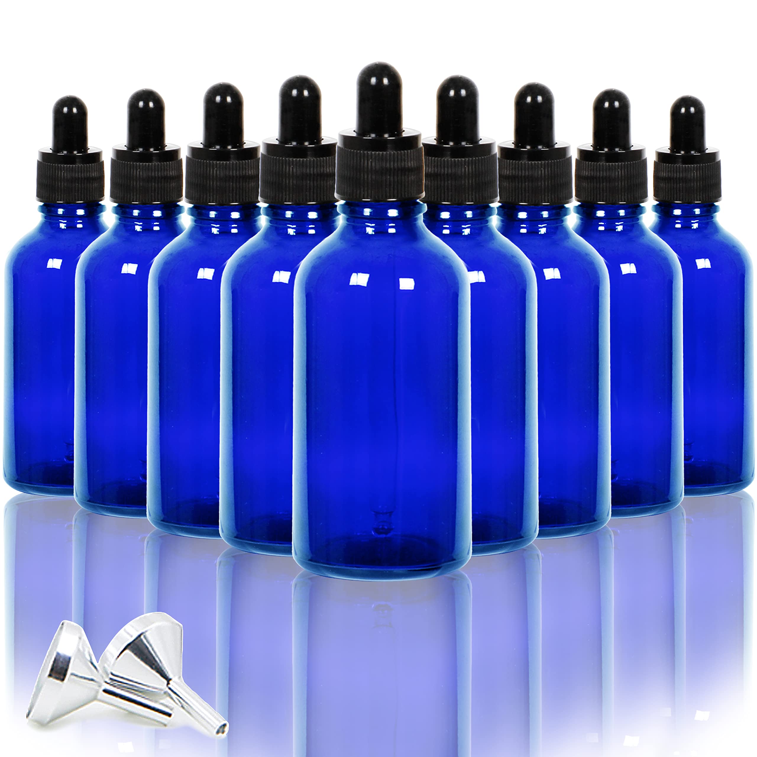 Youngever 12 Pack 50ML Blue Glass Dropper Bottles for Essential Oil, 2 Stainless Steel Mini Funnels