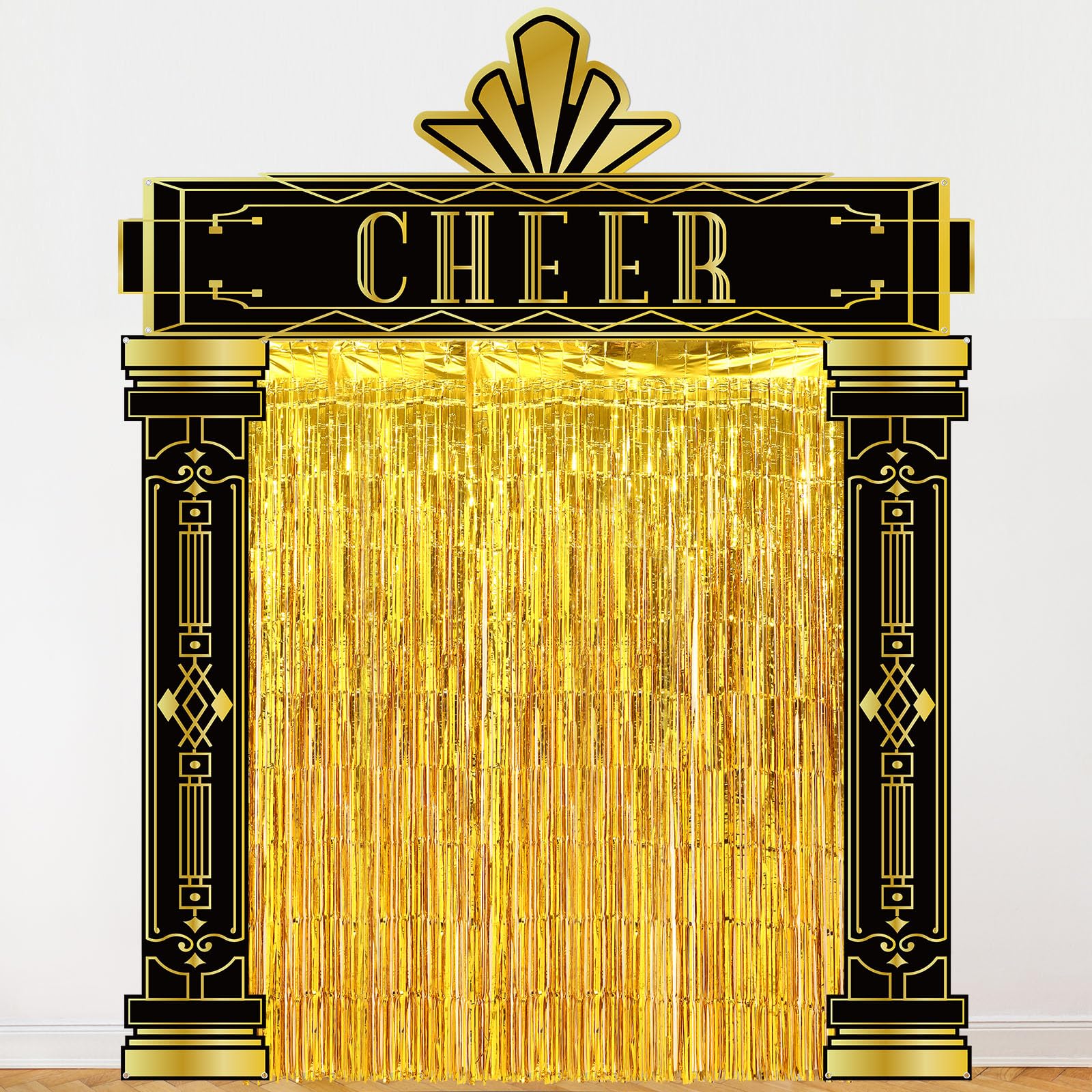 Photo 1 of Tingjoo 6 Pcs Roaring 20s Party Decorations Set Black and Gold Door Cover Banner with Gold Tinsel Fringe Curtain Backdrop 1920s Birthday Speakeasy Awards Night Vintage Jazz Flapper Wedding Supplies