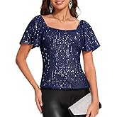 DRESSTELLS Women's Sparkly Sequin Tops Short Sleeve Glitter Dressy Blouses Square Neck Club Ruffle Party Shirts
