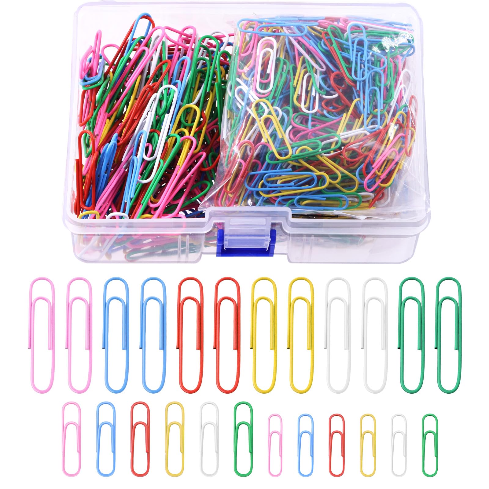 Mardatt 750Pcs Assorted Colored Paper Clips, 28/33/50mm (1.1/1.3/2 Inch), Pink, Blue, Red, Yellow, White, Green, Metal, Small, Medium, Large, Office, School, Personal Use