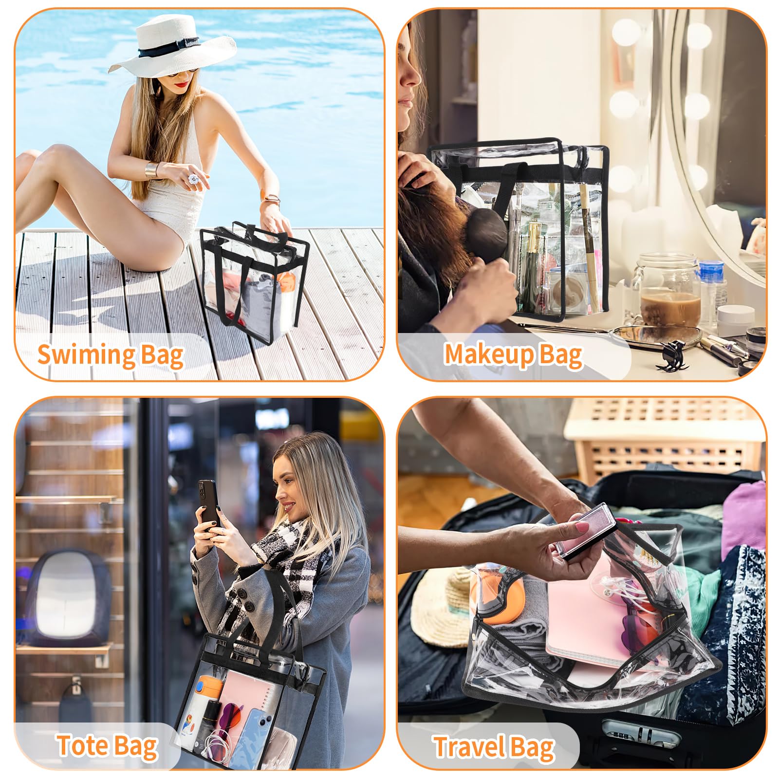 Clear Bag for Stadium Events Approved, 12x6x12 Large Transparent Tote Bag with Zipper for Gym Concert Sports Festivals